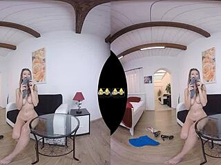 virtualpee features busty model enjoying playful moments with golden effects and heels