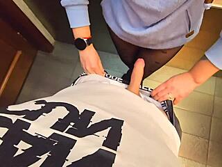 Stranger blasts cum load into milf's wet pantyhose during kinky public toilet encounter