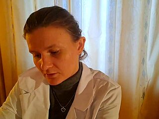 I feel young Russian doctor giving me blowjob at appointment with ponytail and jeans on