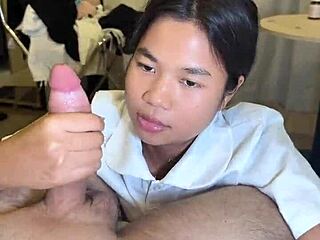 Skinny 18yo Thai student rides foreigner's big cock for tight pussy creampie after class