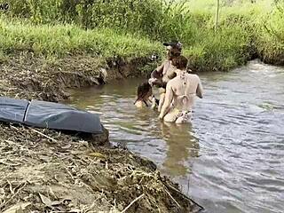 outdoor sunbathing by the river with two hotties sucking and fucking until creampie 😈🌞