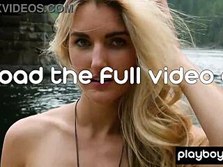 Naked Blonde Musician Babe Anna Katarina Plays Guitar Outdoors