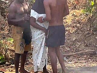 outside on the ranch, this shy ebony babe gets bent over for rough doggystyle in a quickie threesome with big black cocks