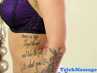 The hidden camera captured the tattooed masseuse giving a blowjob before getting doggystyled in the massage room.