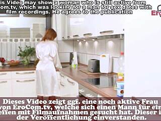 Thin German housewife stands in kitchen for activity