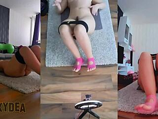 Experience triple cam views of sweaty naked yoga workout