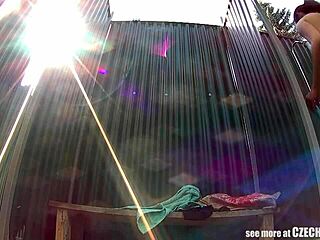 Suggestive Brunette Milf Showering In Public Pool Voyeur Spy