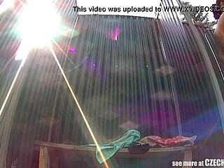 Suggestive Brunette Milf Showering In Public Pool Voyeur Spy