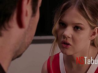 I feel so thrilled as tiny cheerleader seduces teacher on classroom desk in young student fantasy.