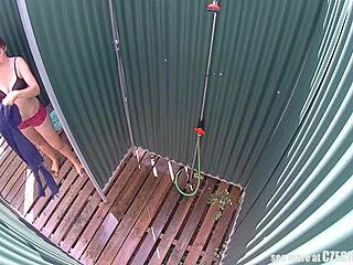 Suggestive Brunette Milf Showering In Public Pool Voyeur Spy