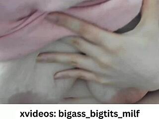 this milf with big ass and big tits indulges in pussy fingering. her huge curves shine in leggings during solo toy play.