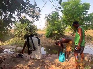 outside on the ranch, this shy ebony babe gets bent over for rough doggystyle in a quickie threesome with big black cocks