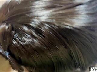 Thai student slut with shaved ass gets creampied by big cock, moaning loudly while sucking and hiding her face in uniform