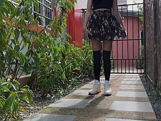 hottie in stockings gets tied by rope and tickled outdoors 😏