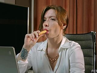 Lesbian Accountant Enjoys First Time Blowjob And Tight Shaved Pussy Sex With Man At Office