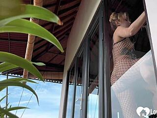 Blonde amateur in fishnets gives morning blowjob and doggystyle.