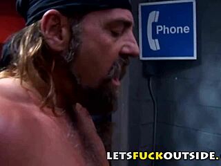 Fishnet-clad babe gets roughly banged by multiple guys in intense outdoor public group fucking session