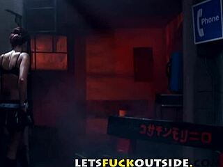 Fishnet-clad babe gets roughly banged by multiple guys in intense outdoor public group fucking session