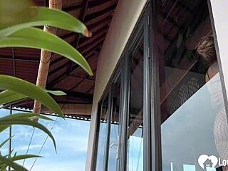 Blonde amateur in fishnets gives morning blowjob and doggystyle.