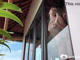 Blonde amateur in fishnets gives morning blowjob and doggystyle.