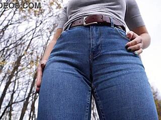 Milf Teasing Big Cameltoe In Tight Blue Jeans Outdoors