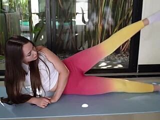 Yoga babe bends over tempting huge cock ride