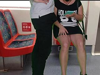 Girl in dress no panties jerks stranger on train?