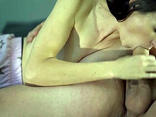 hot blue-eyed brunette slurps thick cock and swallows huge load