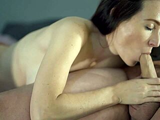 hot blue-eyed brunette slurps thick cock and swallows huge load