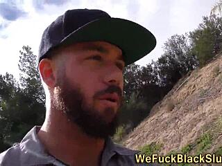 Chubby ebony slut with big tits takes facial from monster cock