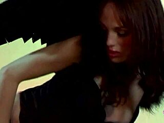 brunette babe's tight pussy stretched huge by costume sex toy