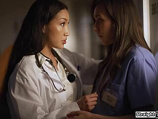 Latina doctor seduces petite nurse into steamy pussy licking