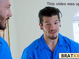 Two monster cocks stretch tiny shy Arab on sofa