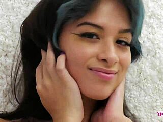 Petite 18+ beauty flaunts perfect body on sofa