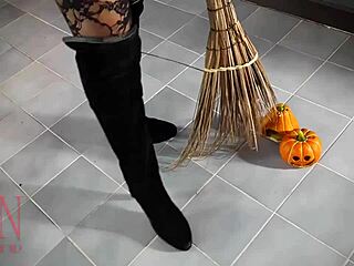 halloween witch regina noir slips out of black bunny suit backstage