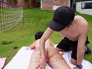 friend sprays sun lotion then hammers my ass hard