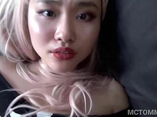 emotional asian teen in pink wig begs for passionate facial