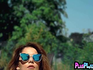 Ali Rose's huge tits burst out as curvy brunette strips fully nude