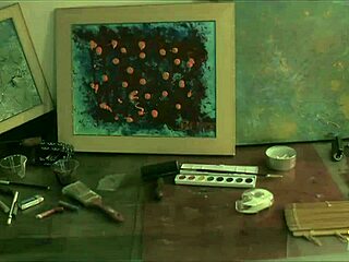 naked model seduces blonde artist for desk pounding creampie