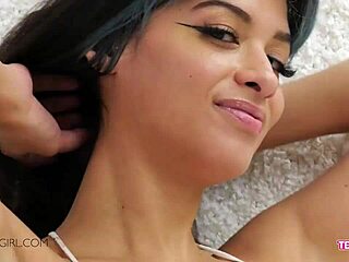 Petite 18+ beauty flaunts perfect body on sofa