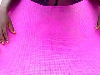 Ebony milf spreads shaved pussy during early morning outdoor workout