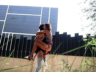 amateur heads to city woods for public bent over doggystyle with big cock creampie