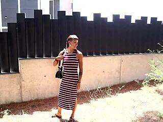 amateur heads to city woods for public bent over doggystyle with big cock creampie