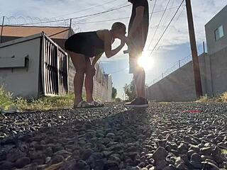 blonde babe moans from public pussy licking before car monster cock orgasm