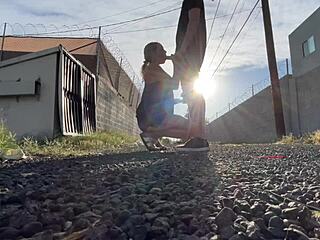 blonde babe moans from public pussy licking before car monster cock orgasm