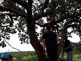 Blonde And Brunette Pounded On Street Tree Public Orgy