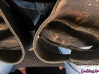 Goddess pisses on dirty feet then fucks dildo in public toilet