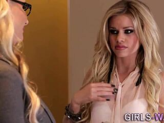 Blonde lesbian grinds toy in heated play