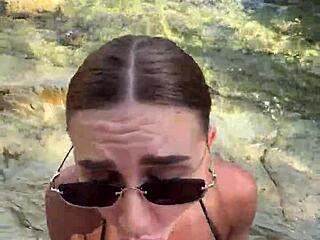 blonde stranger's sloppy deepthroat blowjob ends with beach cum facial on tits