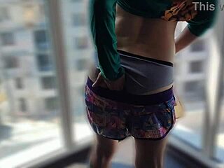 hairy teen fucks risky by window stripping tits!